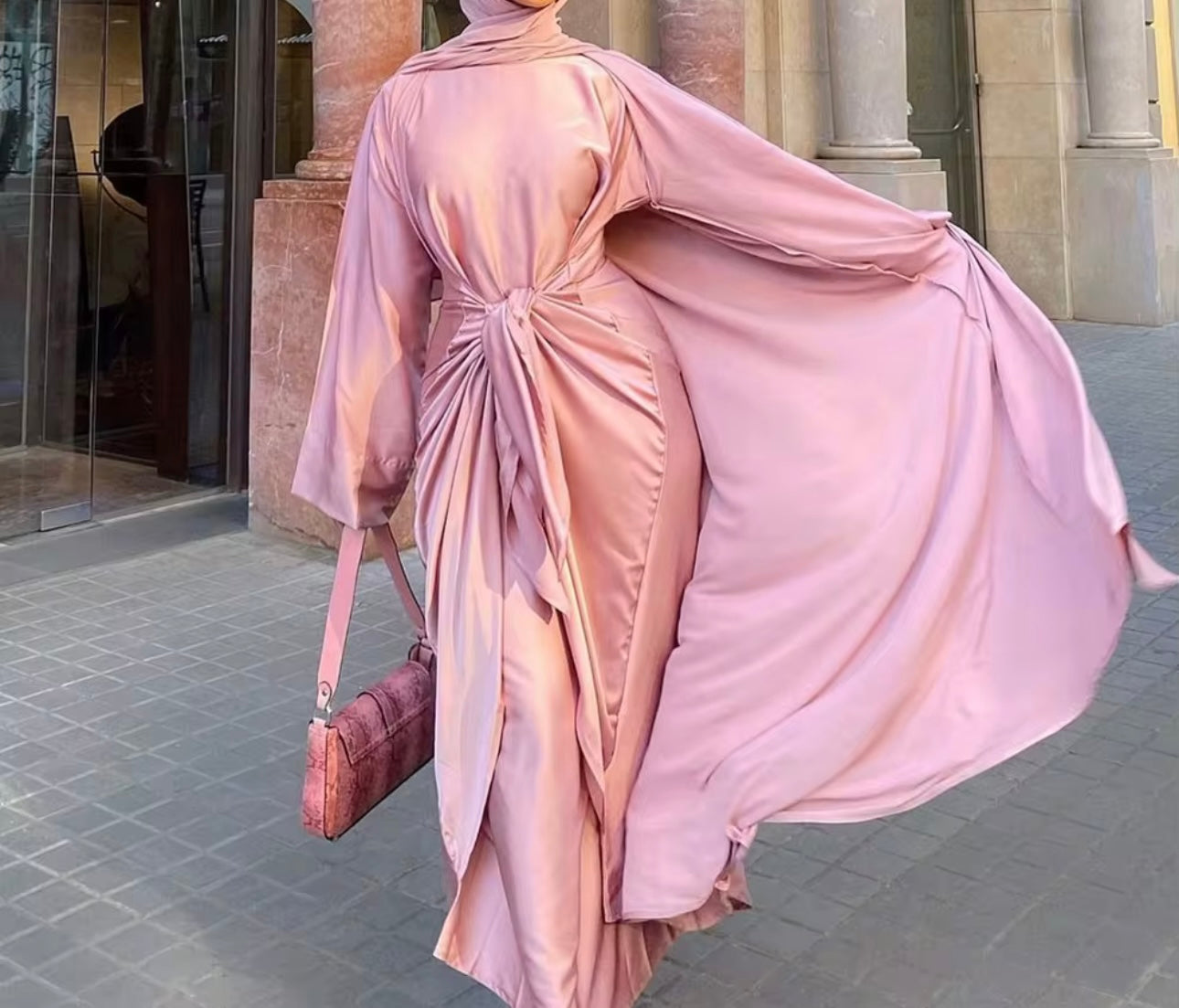 Satin Abaya Modest Dress Long Kimono Abaya Tie-Wrap Skirt
