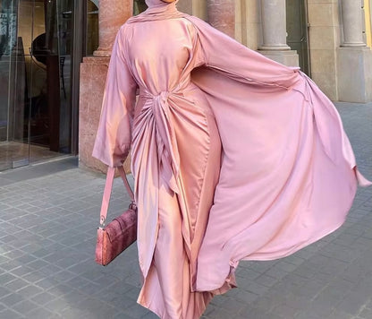 Satin Abaya Modest Dress Long Kimono Abaya Tie-Wrap Skirt