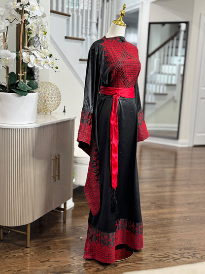 Black Satin Embroidered Thobe with Wide Sleeves