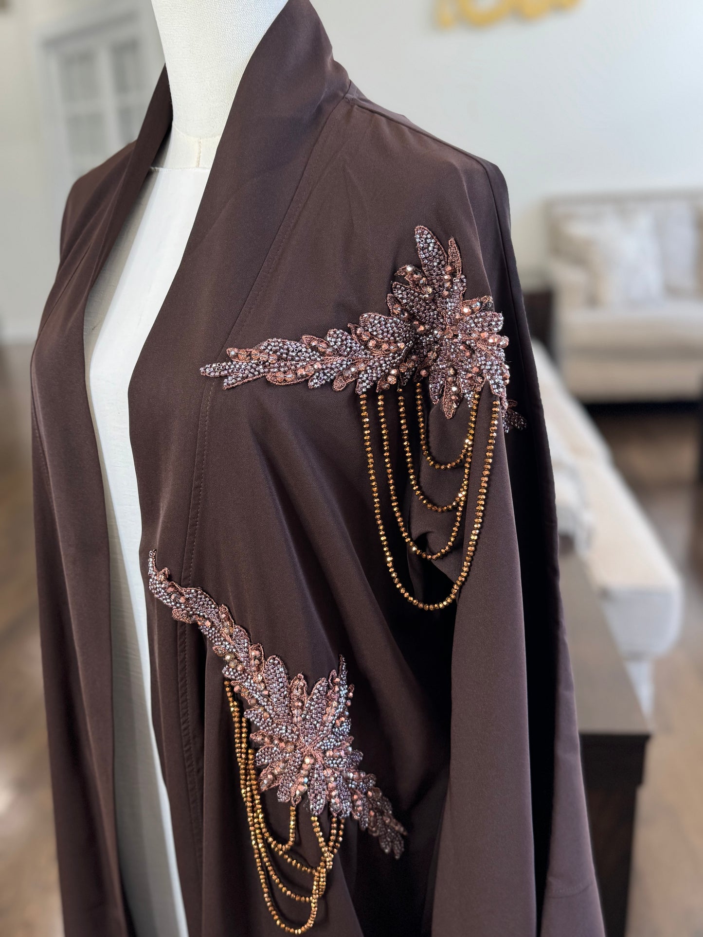 Brown Open Abaya With Embellished Beadwork On Shoulder