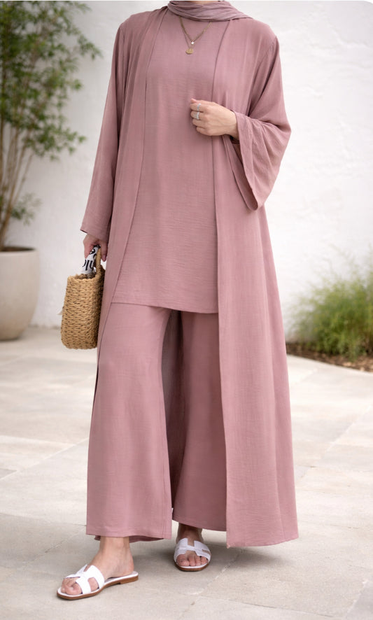 3 Pieces Co-Ord Set Plain Open Abaya Top and Pants Suit Sets