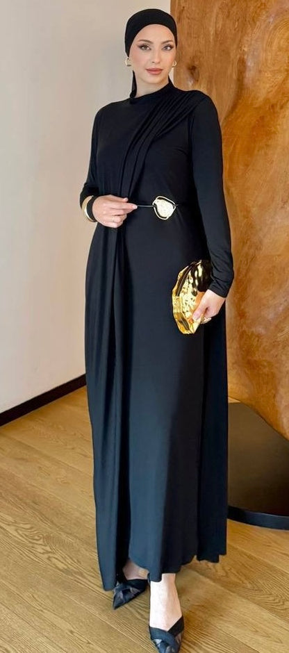 Elegant Draped Lycra Maxi Dress with Statement Belt