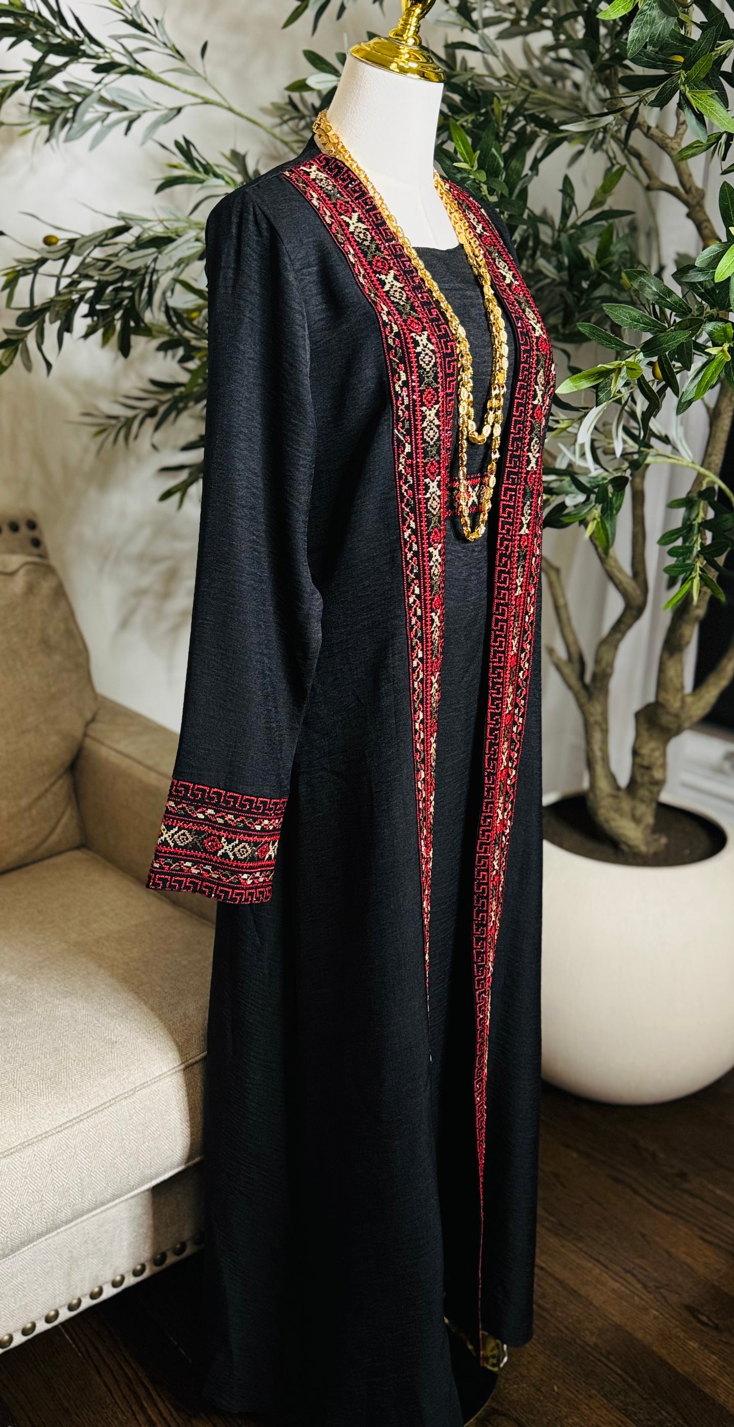 3 pcs Palestinian traditional embroidered tatreez open abaya Thobe