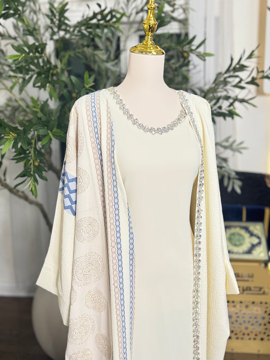 2 pcs Butterfly Crystal Beaded Modest Ivory Abaya Set