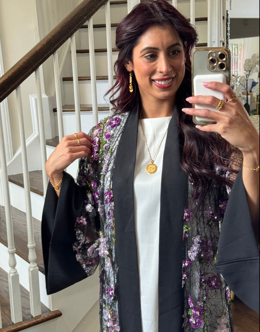 Handwork Embroidered and Beaded Mesh Black Abaya with Wide Sleeves