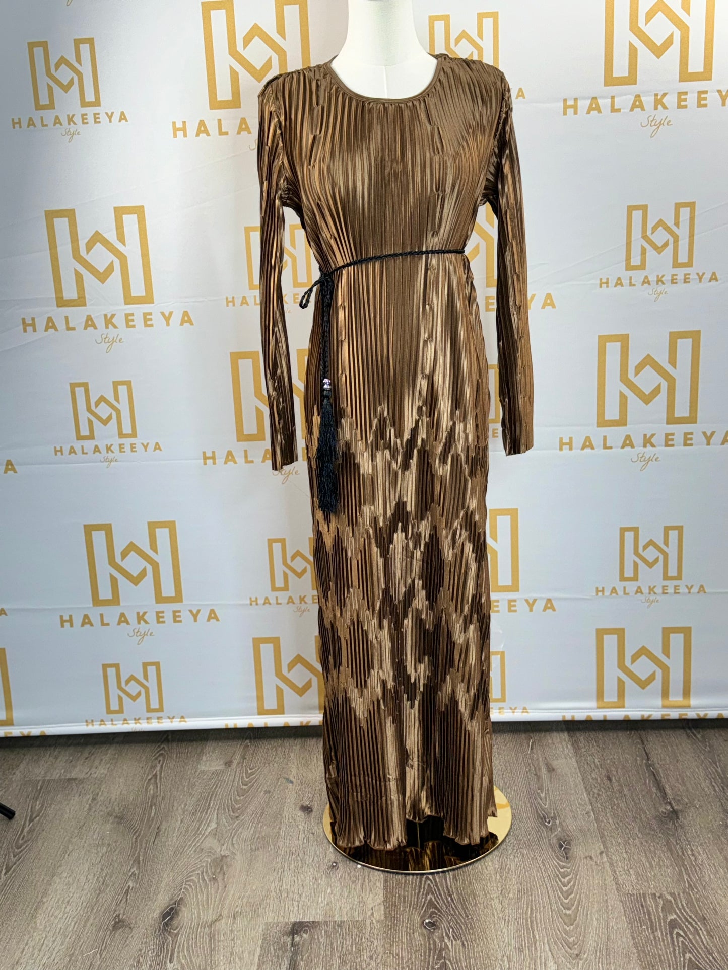 Long Sleeve Pleated Silk Maxi Belted Dress