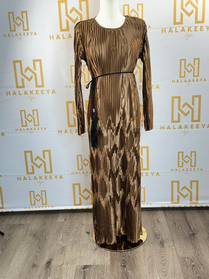 Long Sleeve Pleated Silk Maxi Belted Dress