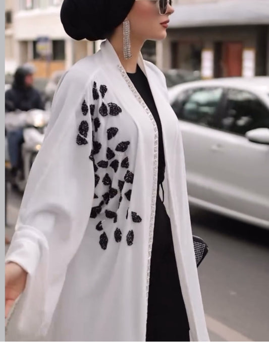 Embellished Black Silver Beaded Wide Sleeves Abaya