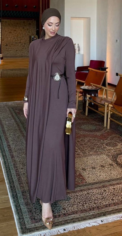 Elegant Draped Lycra Maxi Dress with Statement Belt