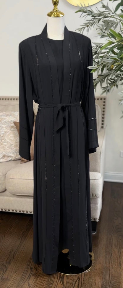 3 Pcs Teal Elegant Rhinestone Embellished open Abaya with belt