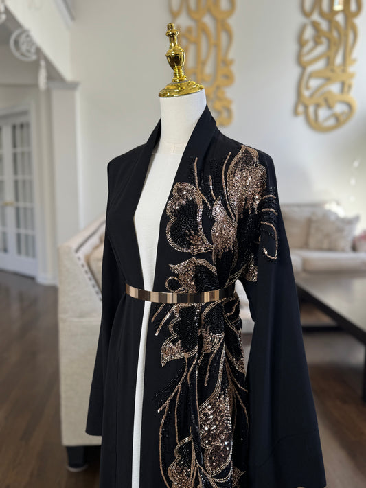 One Side Embellished Beaded Open Abaya