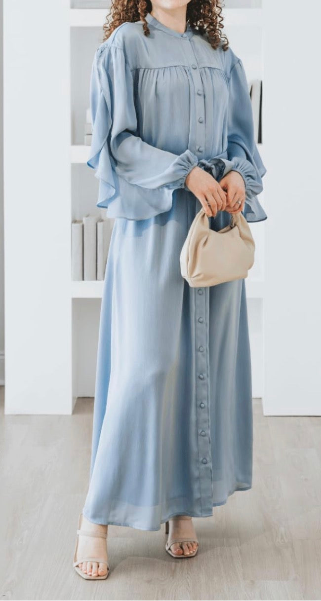 Blue Fog Ruffle Sleeve Tie Maxi Dress