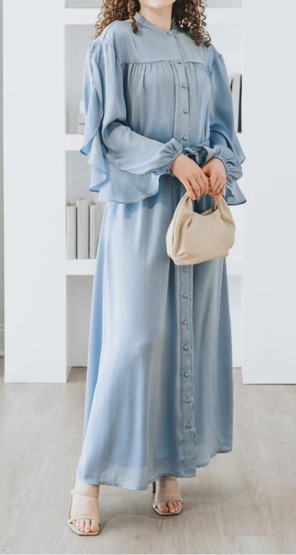 Blue Fog Ruffle Sleeve Tie Maxi Dress