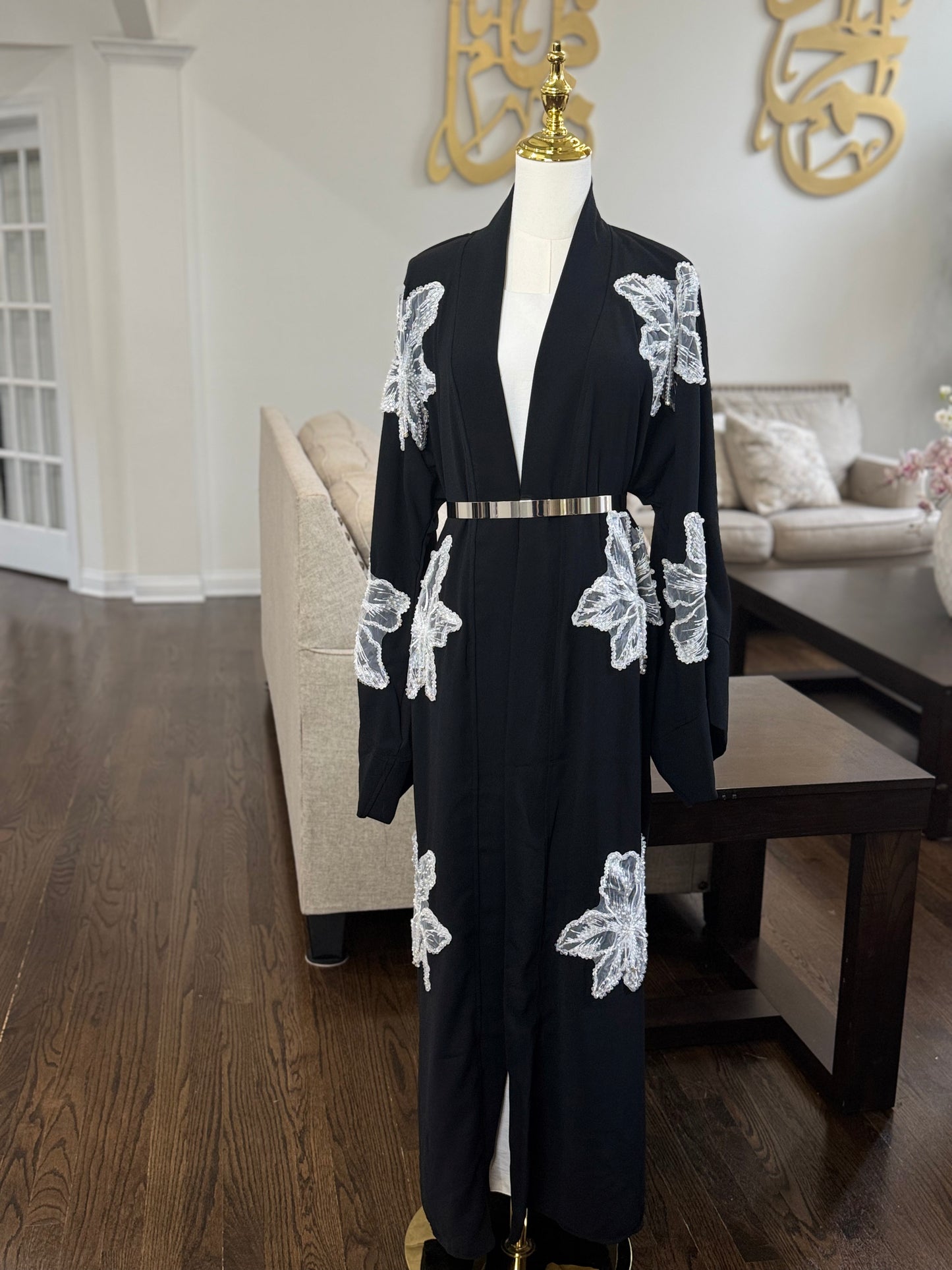 Lace Blossoms Cequin  Floral Detailing on a Luxurious Open Abaya