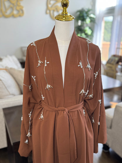 Pearls Beaded Butterfly Open Abaya