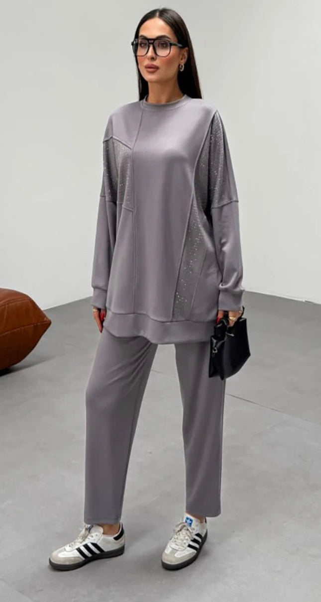 Everyday Modest Gray Two-Piece Set with Embellishments