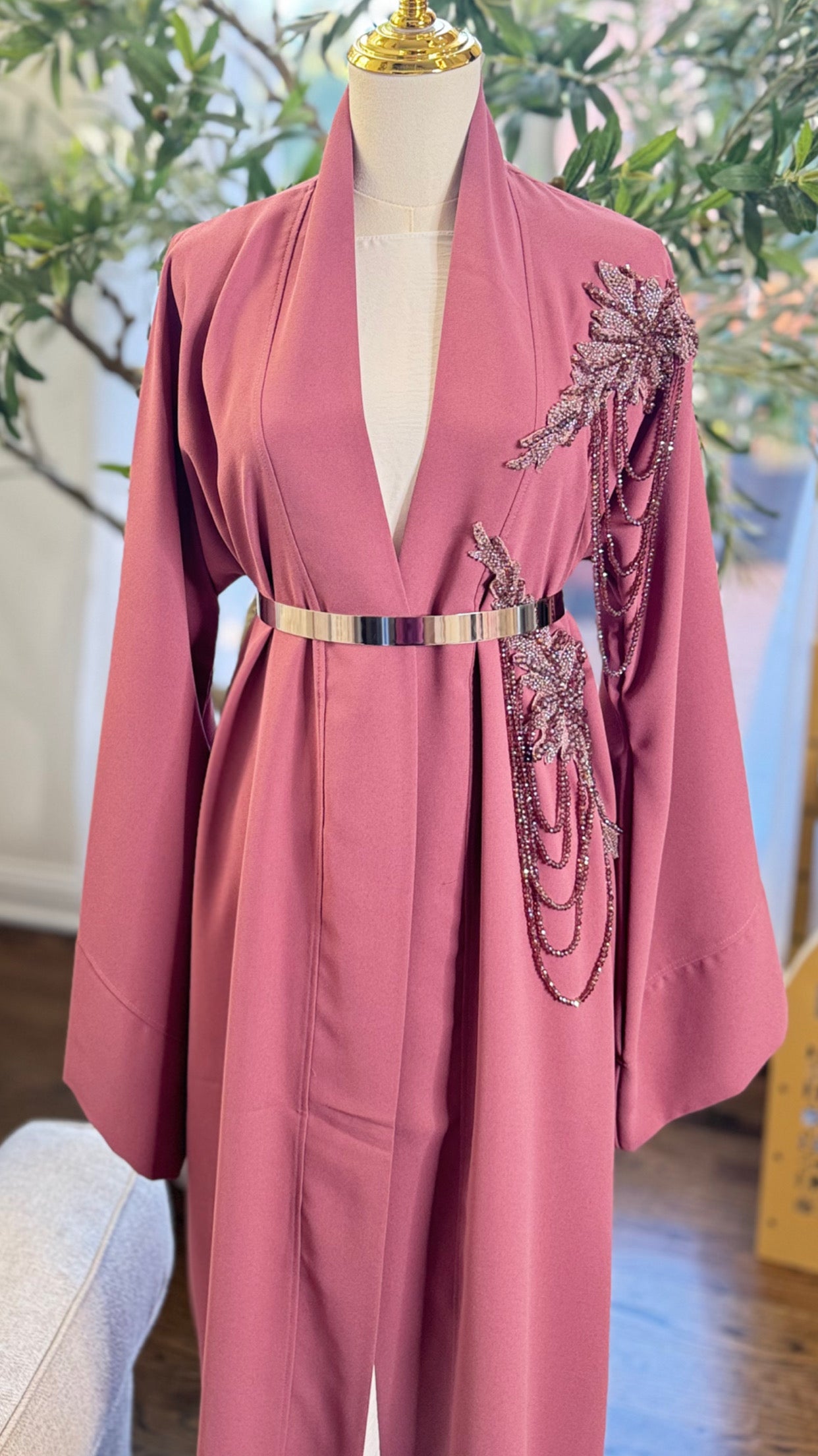 Pink Open Abaya With Embellished Beadwork