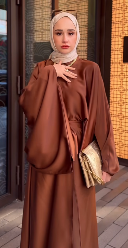 Satin Wide Sleeves Butterfly Waist Tie Wrap Skirt Set