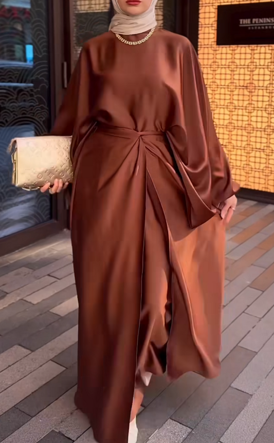 Satin Wide Sleeves Butterfly Waist Tie Wrap Skirt Set