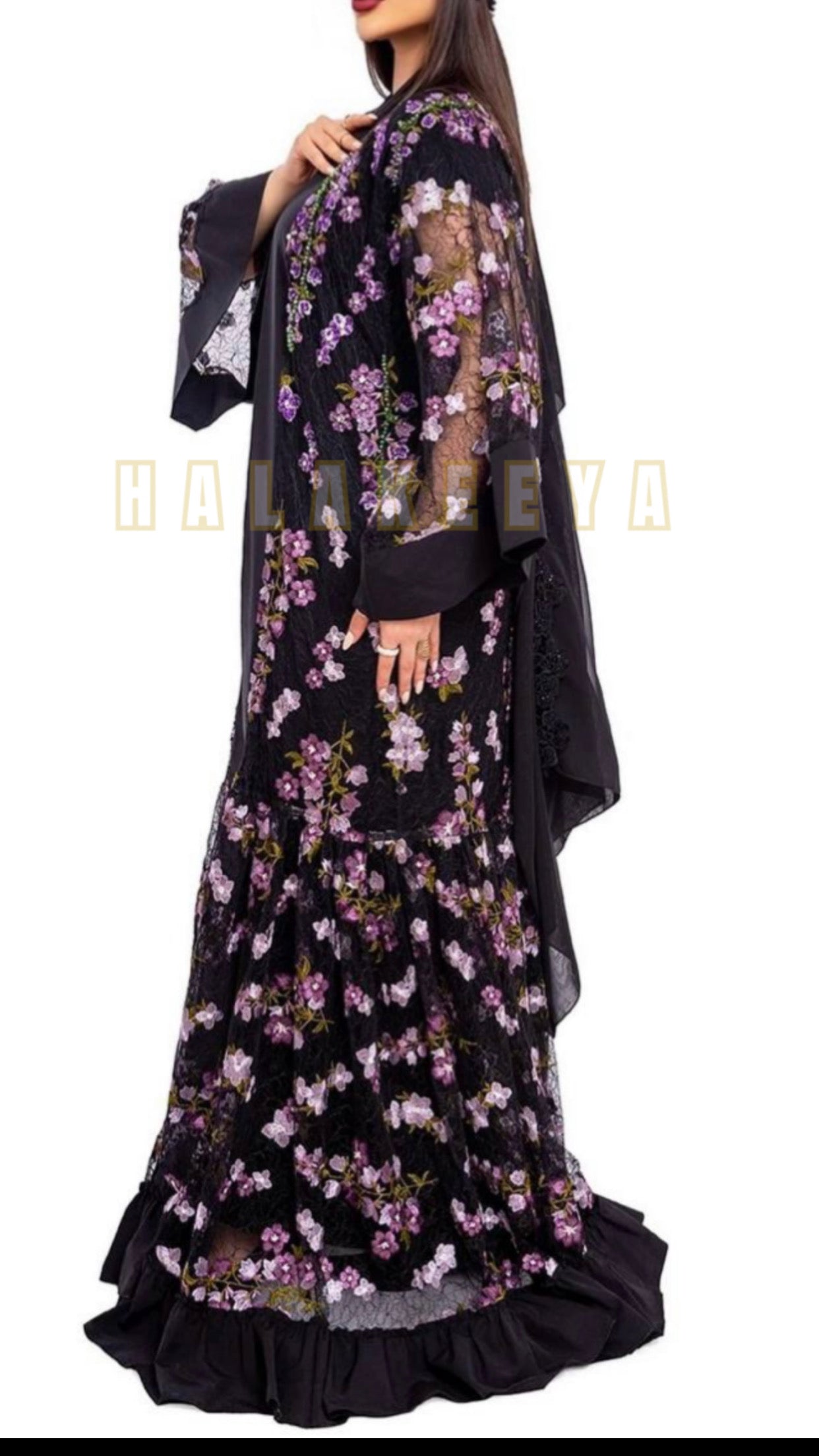 Handwork Sequins and Beaded Mesh Black Abaya with Wide Sleeves
