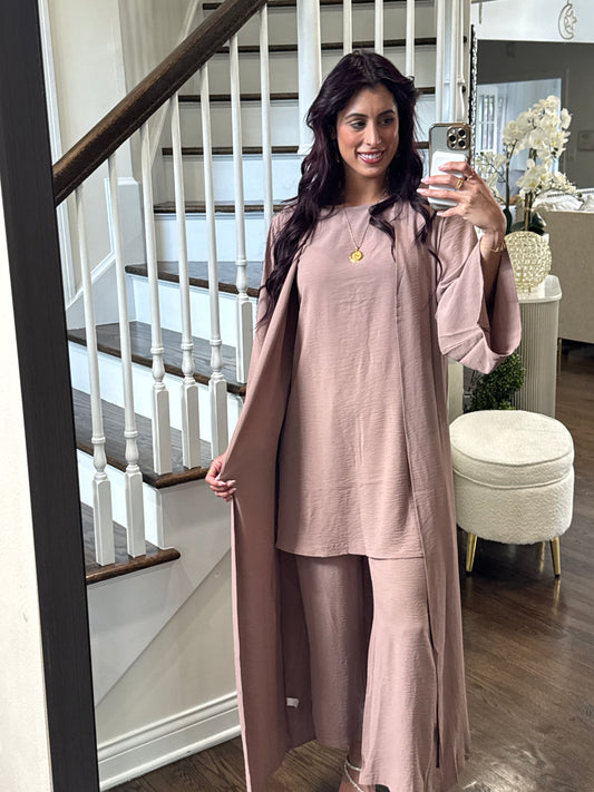 3 Pieces Set Plain Open Abaya Top and Pants Suit Sets