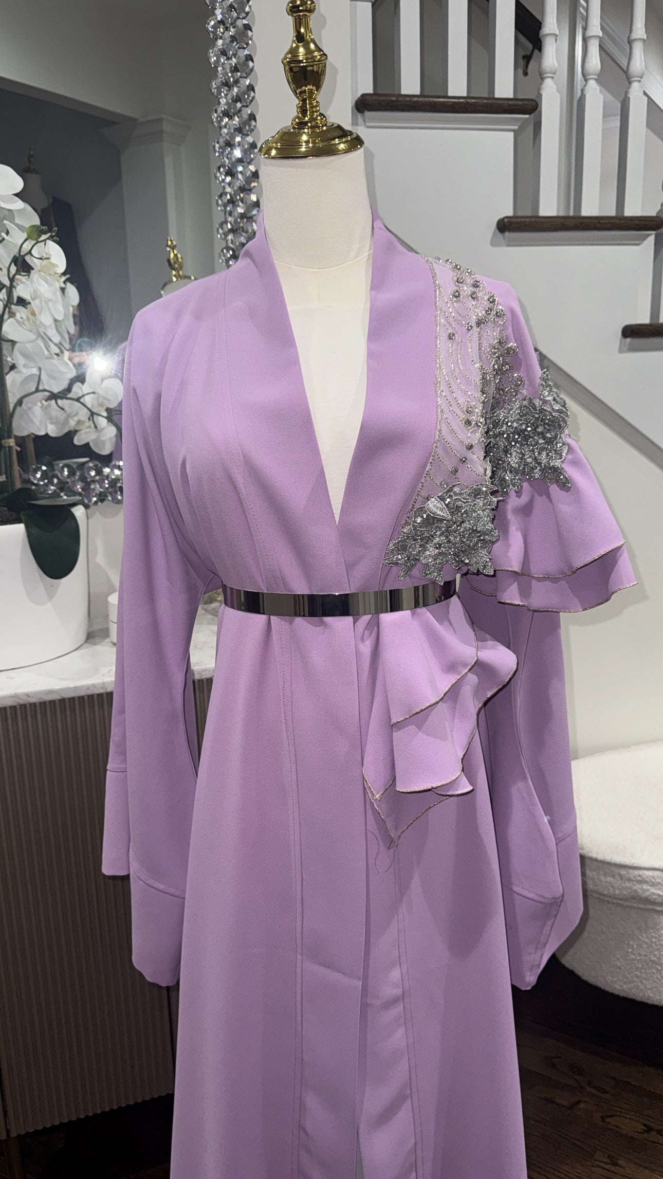 Elegant Ruffed Embellished lavander open abaya