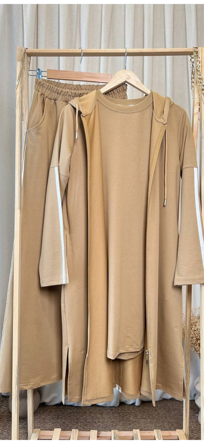 3 Pcs Co-ord Sport Hooded Long Cardigan Plus Size Set