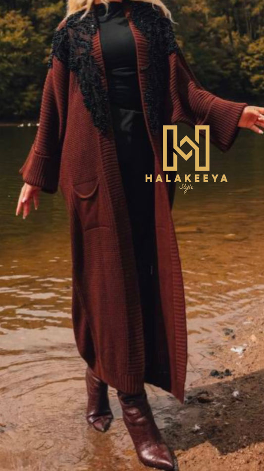 Brown Embellished Black Beaded Knit Long Cardigan Jacket