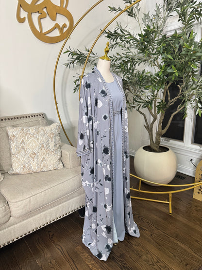 Elegance Floral Butterfly Grey Embroidered Abaya Set