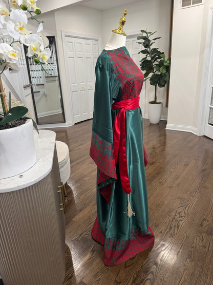 Green Satin Embroidered Thobe with Wide Sleeves