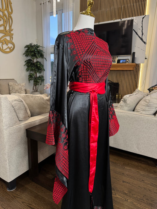 Black Satin Embroidered Thobe with Wide Sleeves