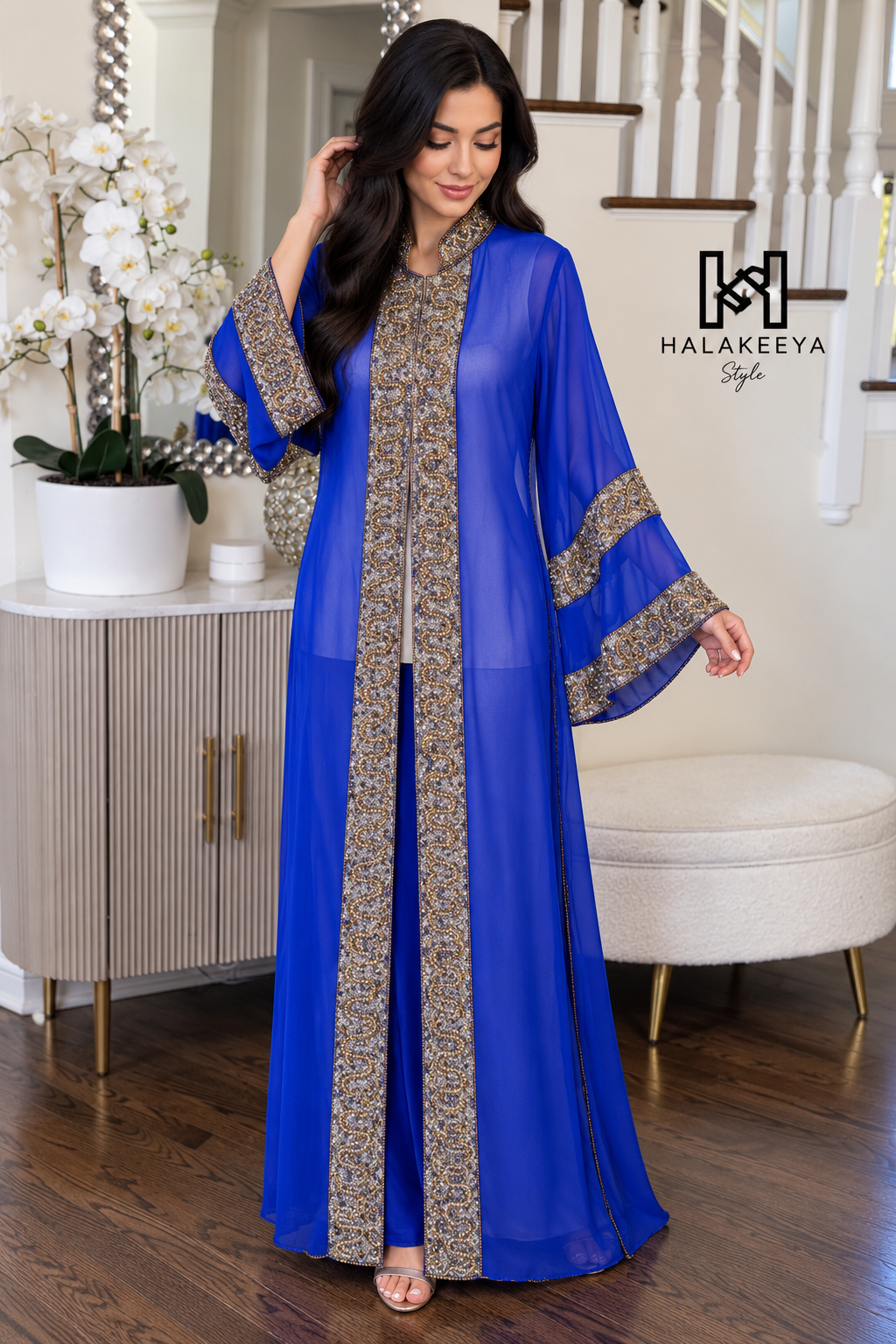 Stunning Sheer Chiffon Embellished Beaded Open Abaya