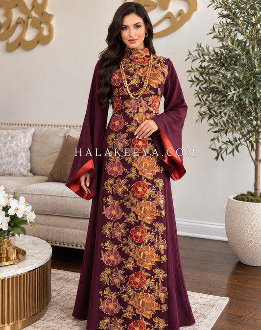 A-Line Floral Embroidered Thobe with Satin Sleeves