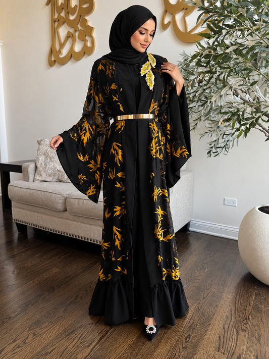 Chiffon velvet printed open abaya