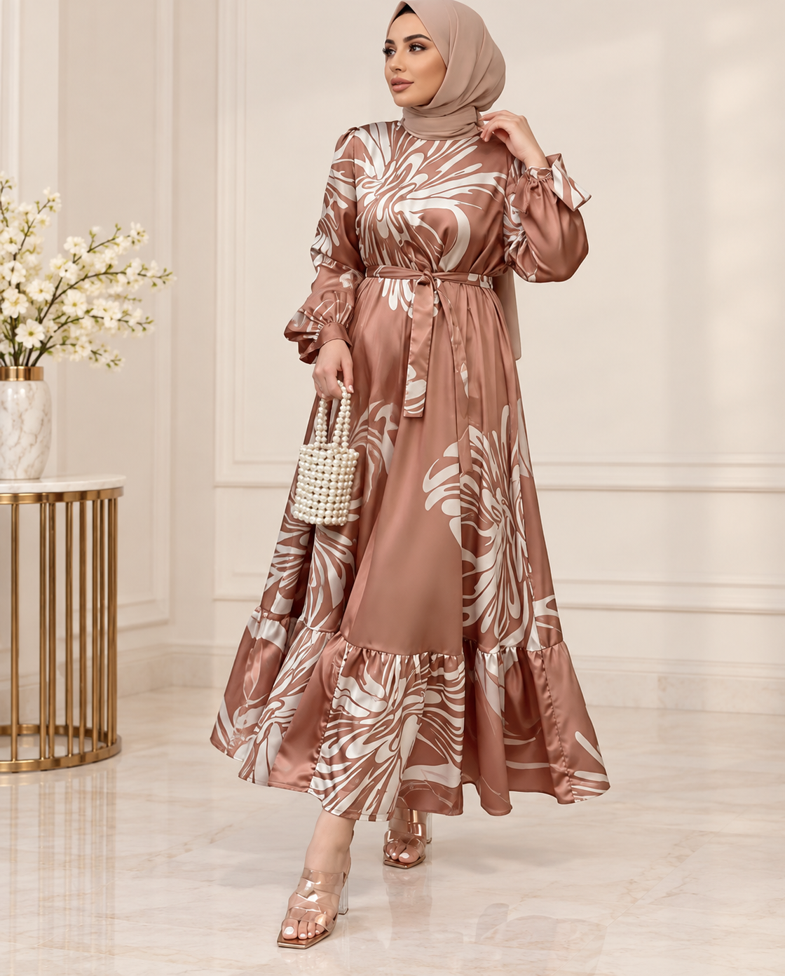 Modest Maxi Floral Satin Dress With Belt