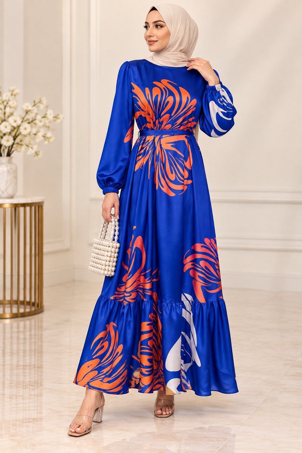 Modest Maxi Floral Satin Dress With Belt