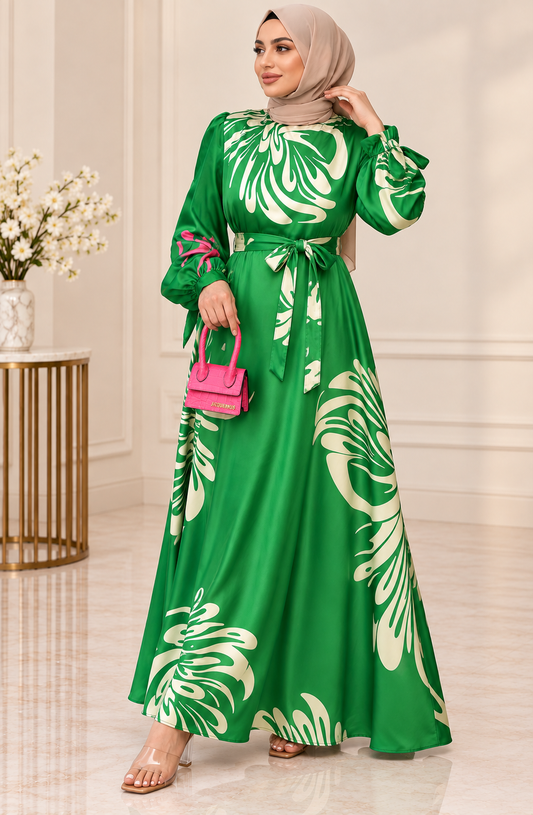 Modest Maxi Floral Satin Dress With Belt