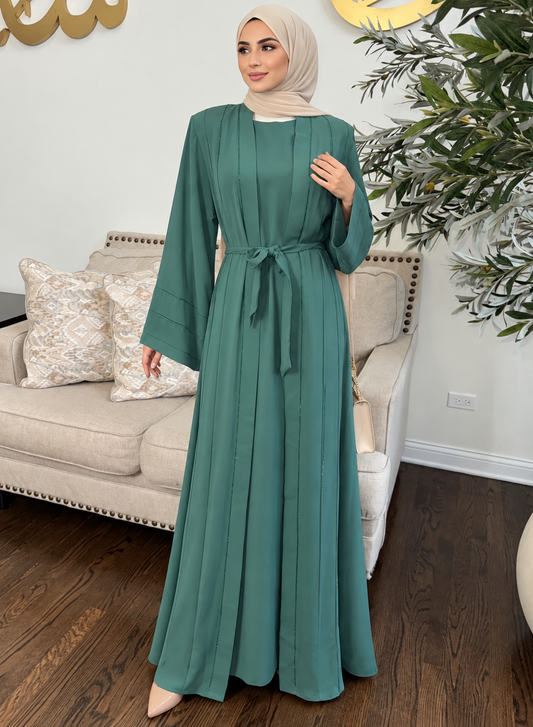 3 Pcs Teal Elegant Rhinestone Embellished open Abaya with belt
