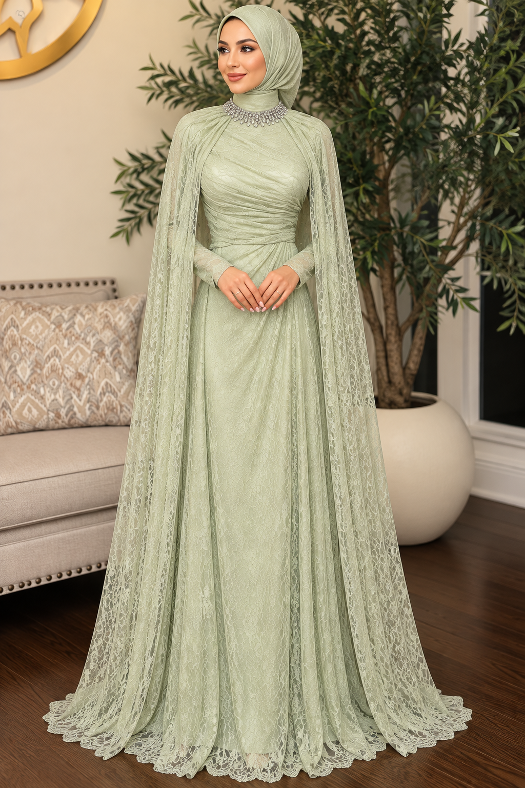 Crystal Grace Gown Turtle neck Lace Evening Dress