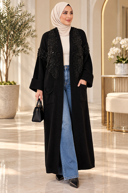 Embellished Beaded Knit Long Cardigan Jacket