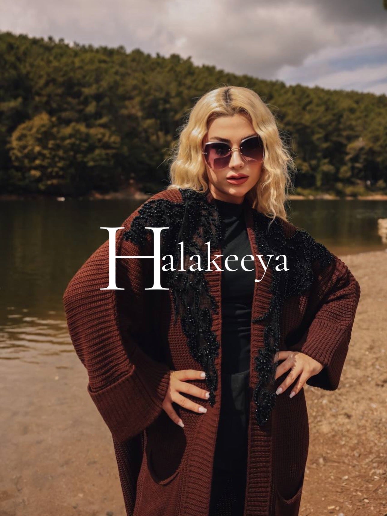 Brown Embellished Black Beaded Knit Long Cardigan Winter Jacket