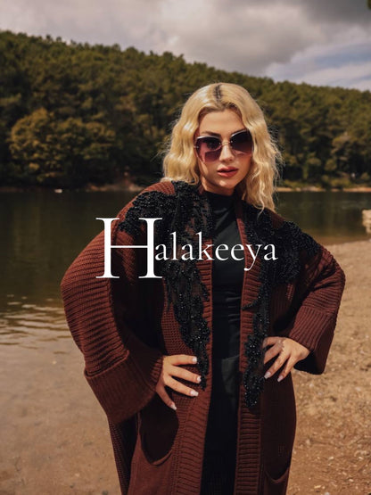 Brown Embellished Black Beaded Knit Long Cardigan Winter Jacket