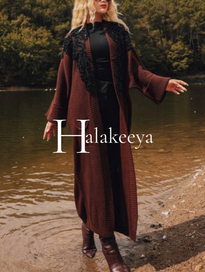 Brown Embellished Black Beaded Knit Long Cardigan Winter Jacket