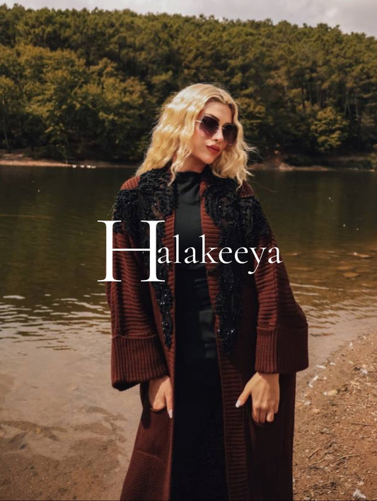Brown Embellished Black Beaded Knit Long Cardigan Jacket