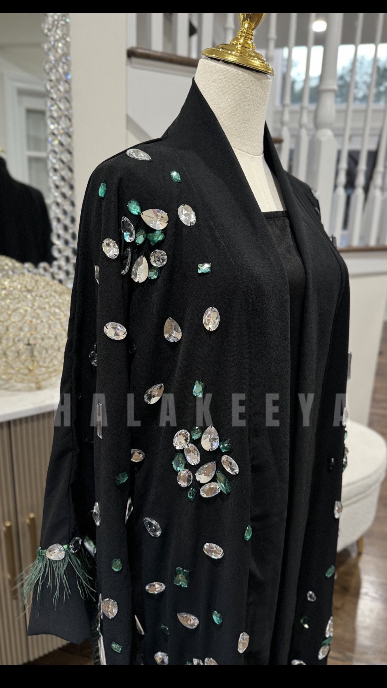 Crystal Embellished Open  Abaya With Feathers Finished