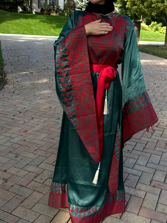 Green Satin Embroidered Thobe with Wide Sleeves