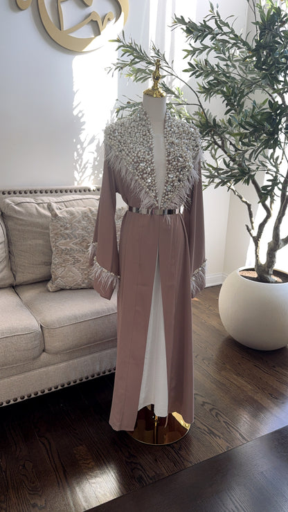 Pearls Mocha Handwork Beaded Open Abaya with Feather Detailing