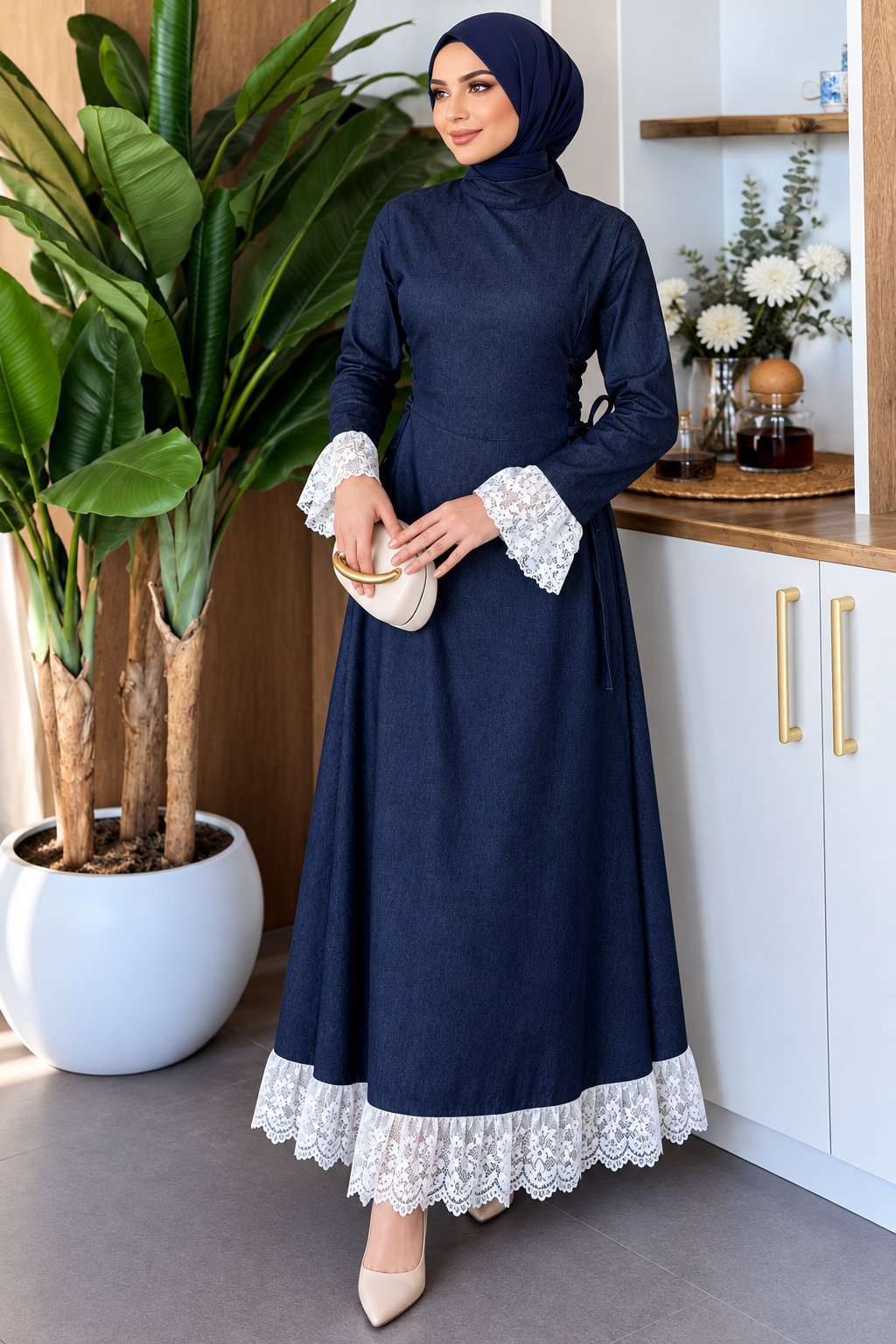 Lace Trim Denim Elegance Dress