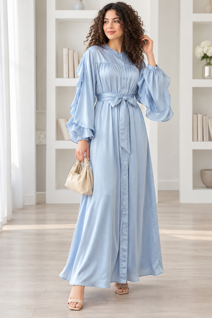 Blue Fog Ruffle Sleeve Tie Maxi Dress