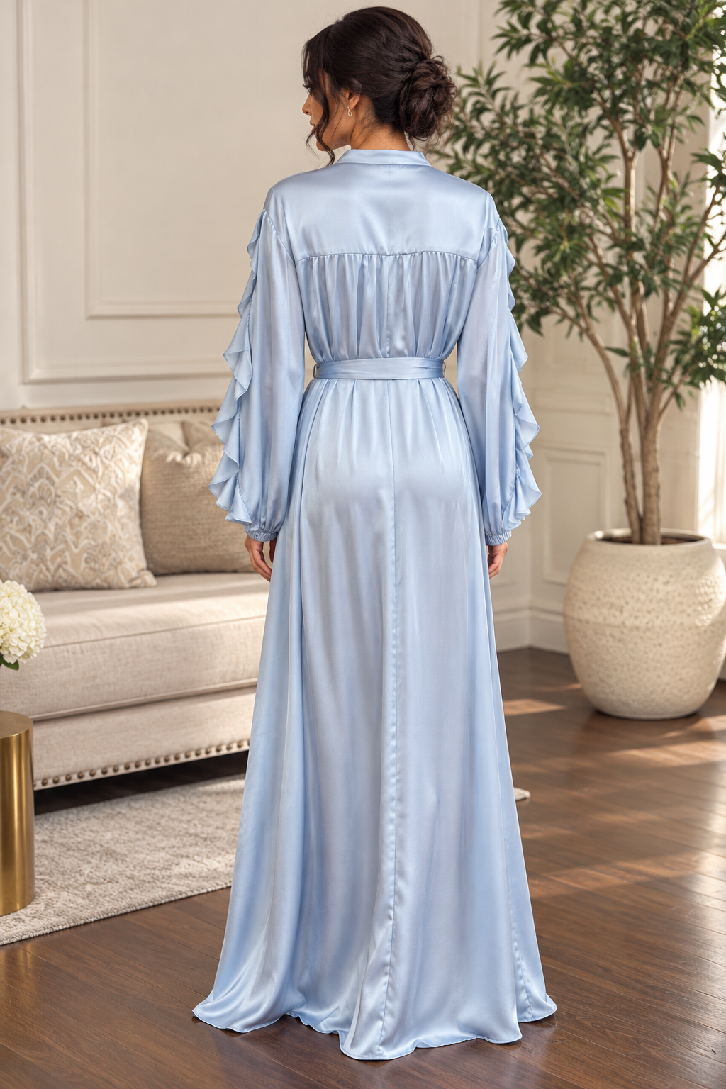 Blue Fog Ruffle Sleeve Tie Maxi Dress